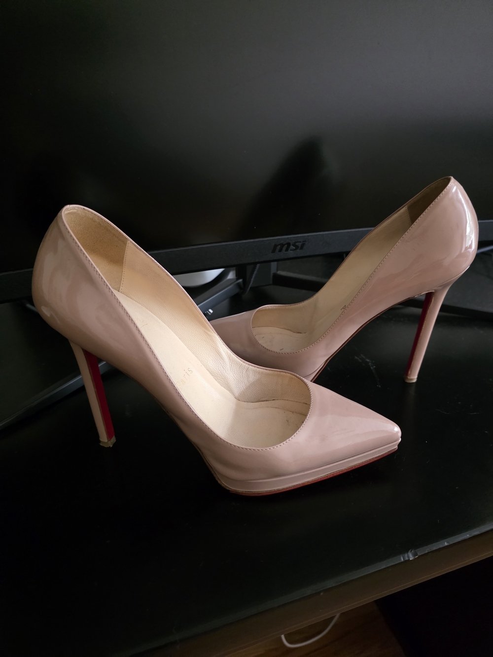 Christian Louboutin Nude Patent Leather Plato Pointed-Toe Pumps Red Bottoms